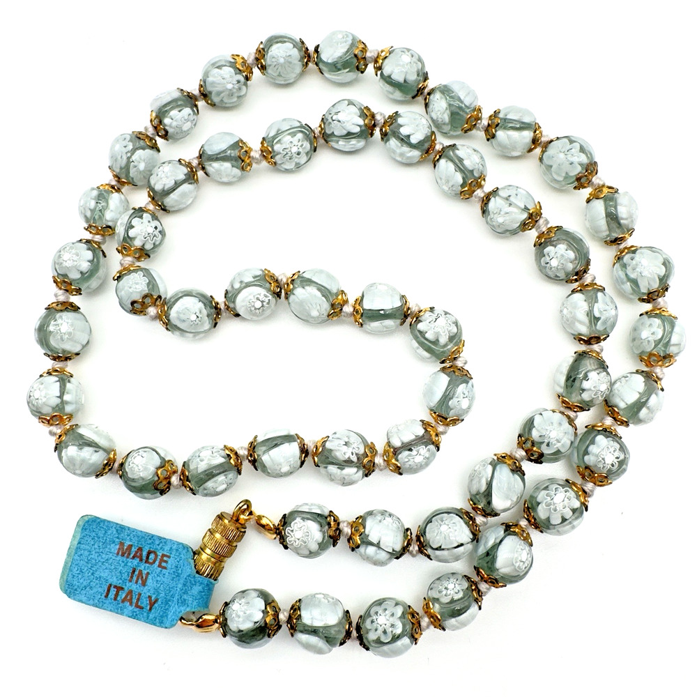 Vintage Venetian Glass Necklace Millefiori Beaded Gray White Hand Knotted NEW - Picture 5 of 8